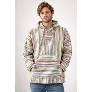 Vintage Molina Baja Hoodie Multicolor Woven Stripe Pullover Kangaroo Size M